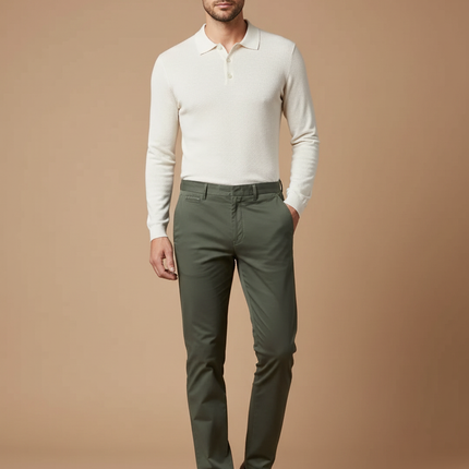 Pantalon Chino Vert Olive Coton Slim Élégant Homme - Kaki
