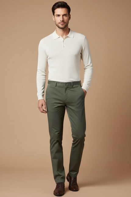 Pantalon Chino Vert Olive Coton Slim Élégant Homme - Kaki