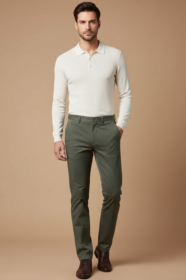 Pantalon Chino Vert Olive Coton Slim Élégant Homme - Kaki