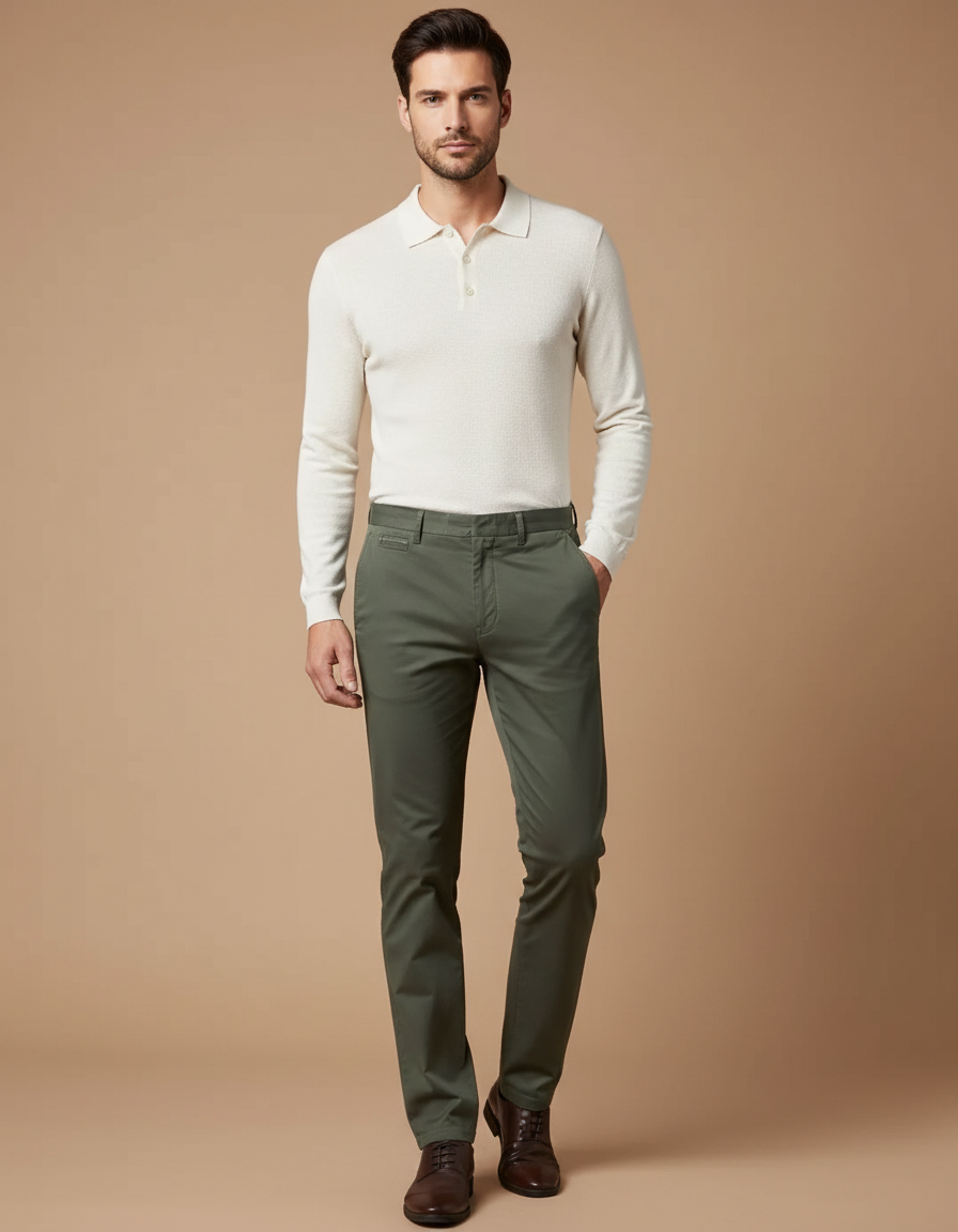 Pantalon Chino Vert Olive Coton Slim Élégant Homme - Kaki