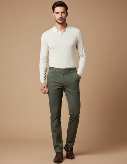 Pantalon Chino Vert Olive Coton Slim Élégant Homme - Kaki