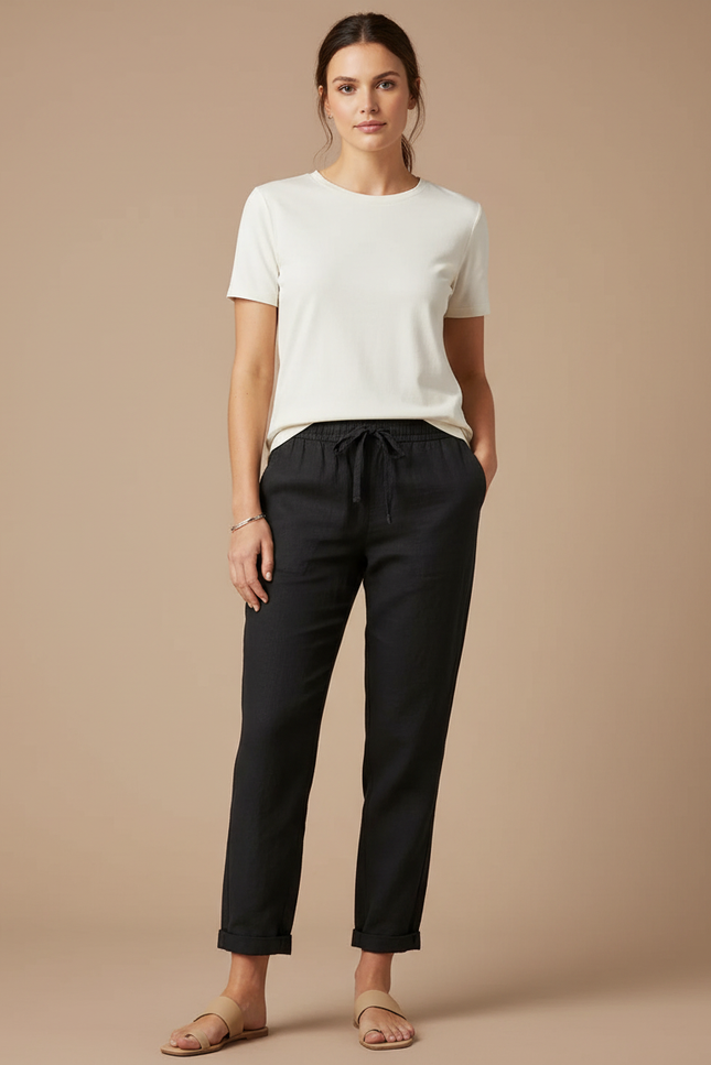 Pantalon Chino Noir Coton Lin Fluide Décontracté