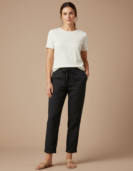 Pantalon Chino Noir Coton Lin Fluide Décontracté