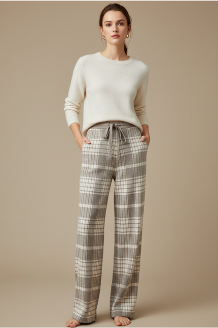 Pantalon Chino Laine Pied-de-poule Ample Tricoté Confortable - Gris