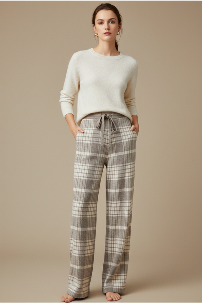 Pantalon Chino Laine Pied-de-poule Ample Tricoté Confortable - Gris