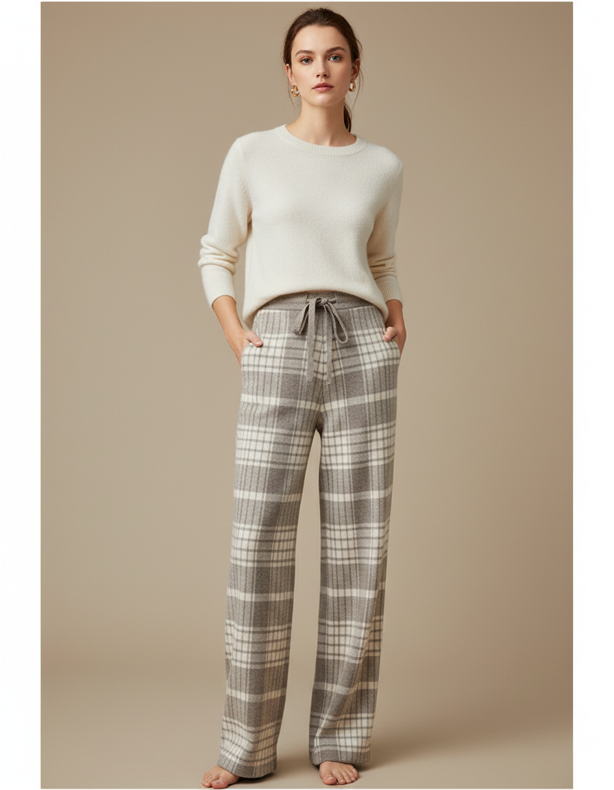 Pantalon Chino Laine Pied-de-poule Ample Tricoté Confortable - Gris