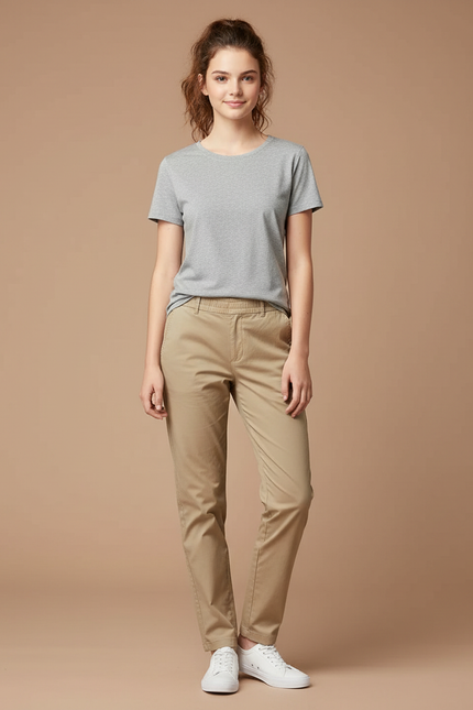 Pantalon Chino Kaki Coton Stretch Droit Femme