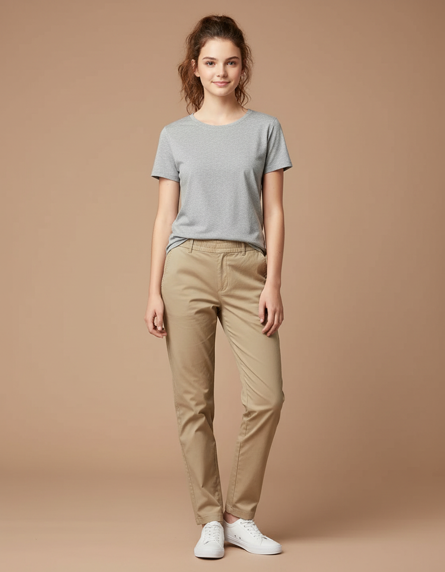 Pantalon Chino Kaki Coton Stretch Droit Femme