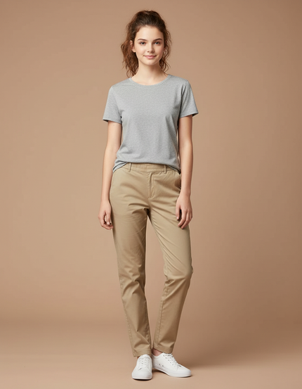 Pantalon Chino Kaki Coton Stretch Droit Femme