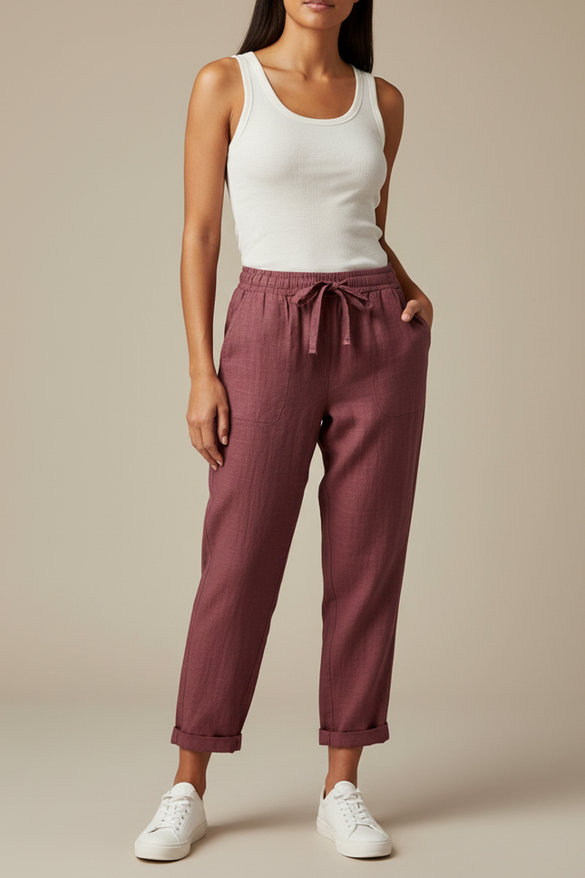 Pantalon Chino Bordeaux Ample Cordon Lin Femme