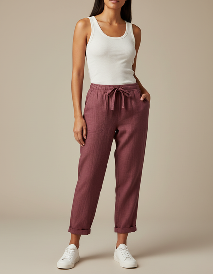 Pantalon Chino Bordeaux Ample Cordon Lin Femme