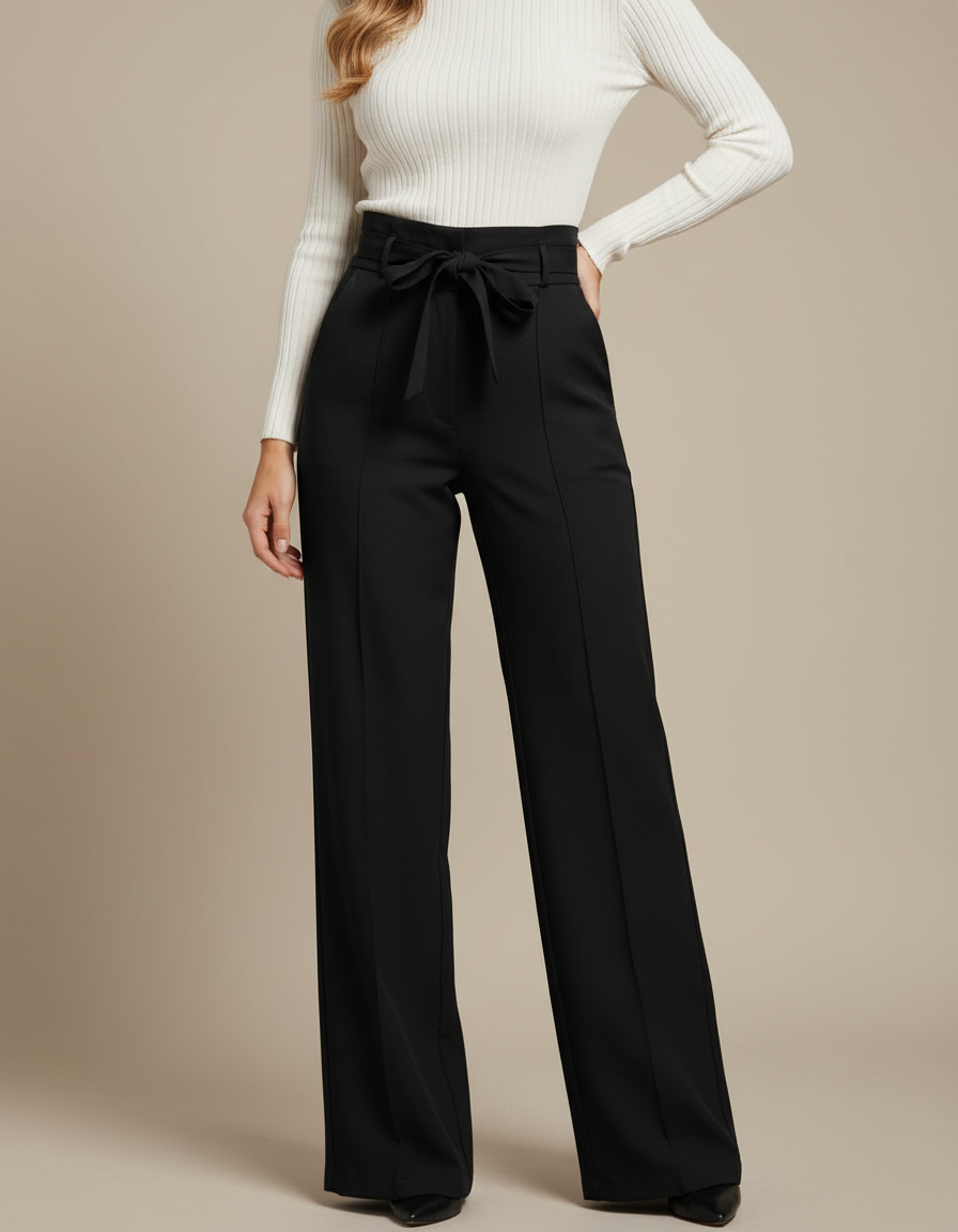 Pantalon Chino Noir Taille Haute Fluide Élégant - Polyester