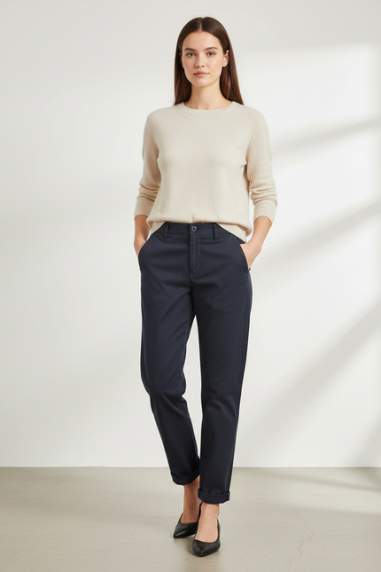 Pantalon Chino Marine Coton Fuselé Décontracté Femme