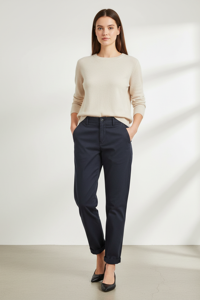 Pantalon Chino Marine Coton Fuselé Décontracté Femme