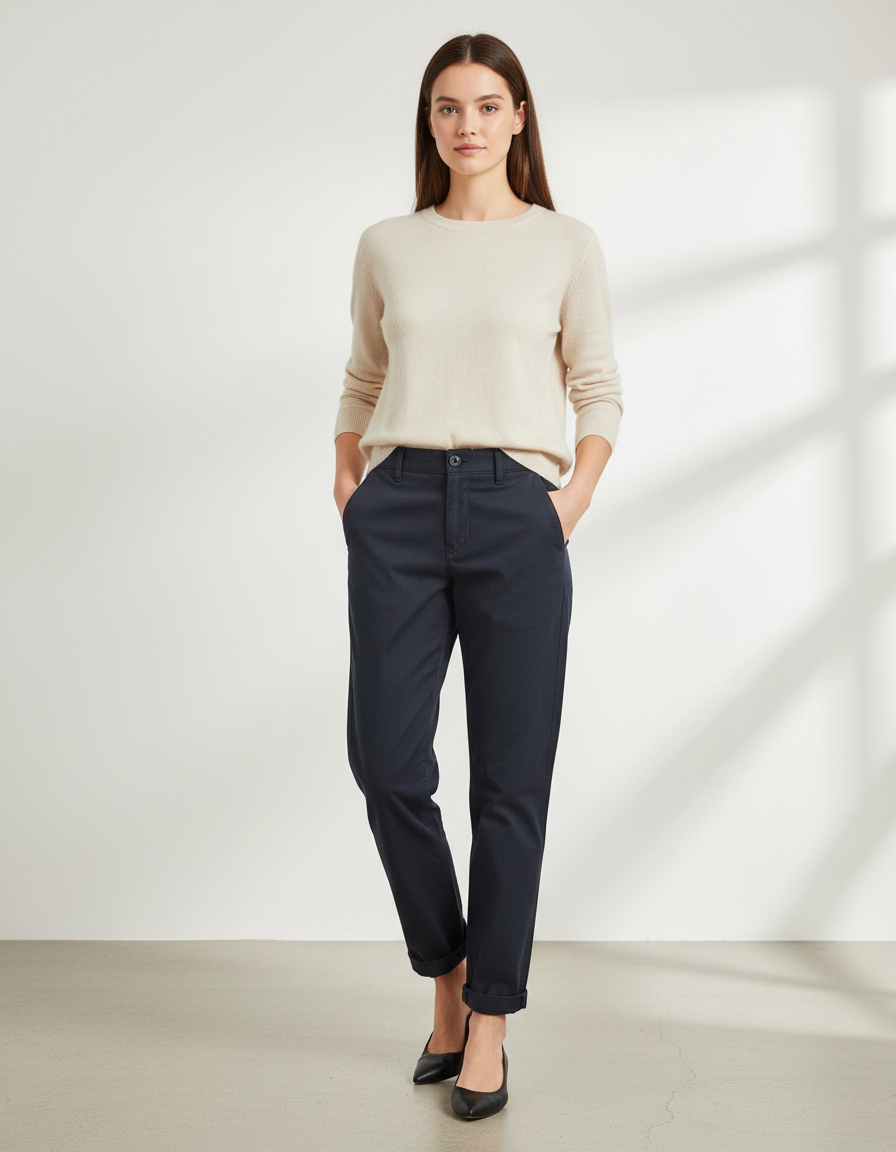 Pantalon Chino Marine Coton Fuselé Décontracté Femme