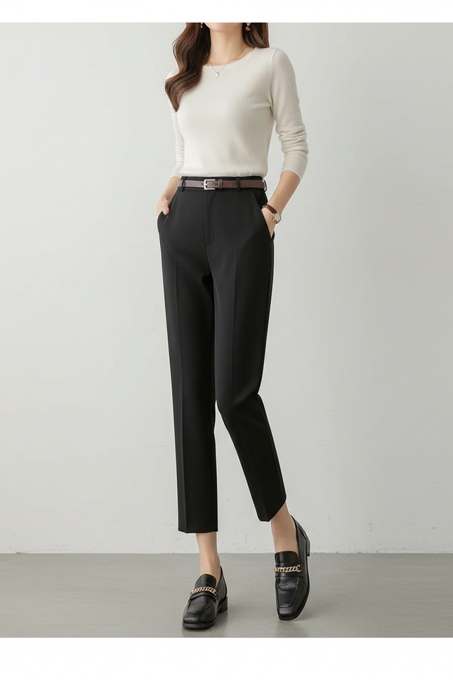 Pantalon Chino Noir Taille Haute Slim Femme - Gabardine