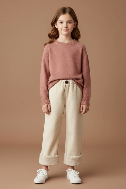 Pantalon Chino Écru Velours Côtelé Doublé Sherpa Enfant - Beige Cordé