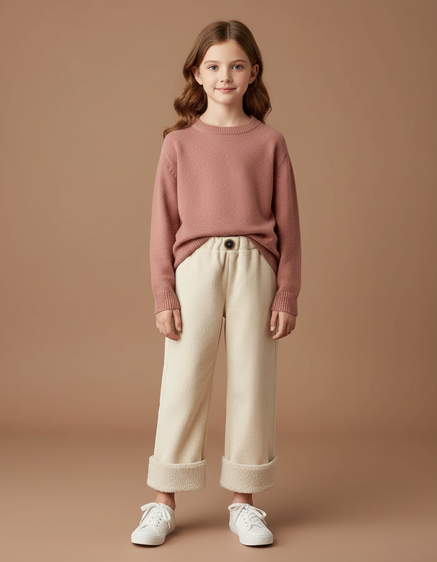 Pantalon Chino Écru Velours Côtelé Doublé Sherpa Enfant - Beige Cordé