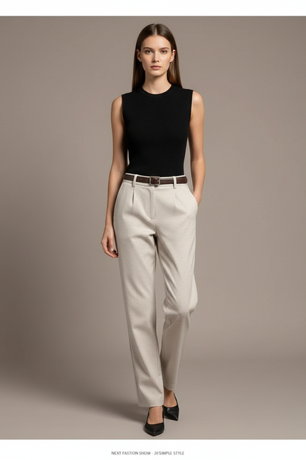 Pantalon Chino Beige Laine Droit Taille Haute Élégant