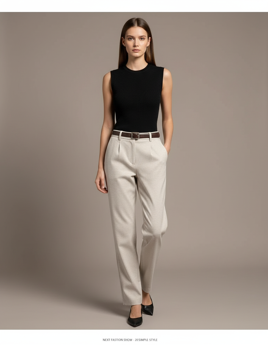 Pantalon Chino Beige Laine Droit Taille Haute Élégant