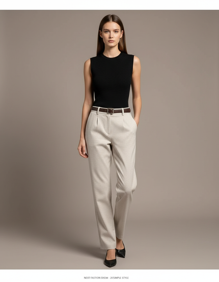 Pantalon Chino Beige Laine Droit Taille Haute Élégant