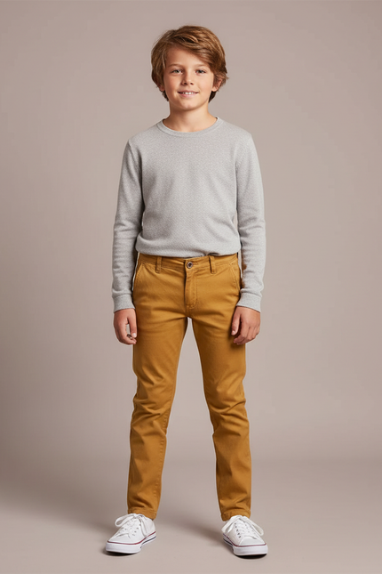 Pantalon Chino Ocre Coton Slim Garçon Élégant - Marron