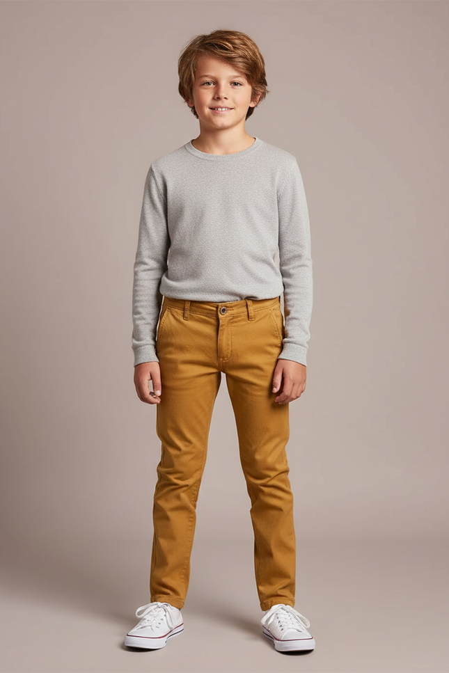 Pantalon Chino Ocre Coton Slim Garçon Élégant - Marron