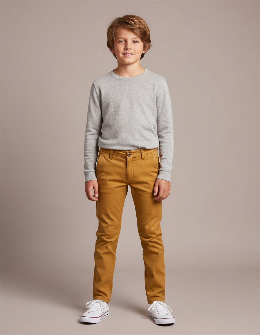 Pantalon Chino Ocre Coton Slim Garçon Élégant - Marron