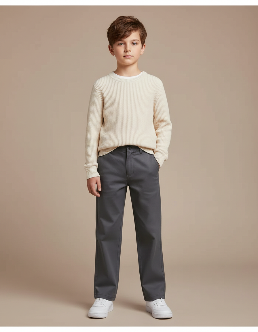 Pantalon Chino Gris Coton Droit Garçon Uni - Gabardine