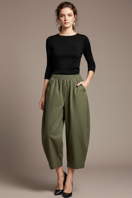 Pantalon Chino Vert Kaki Ample Coton Femme
