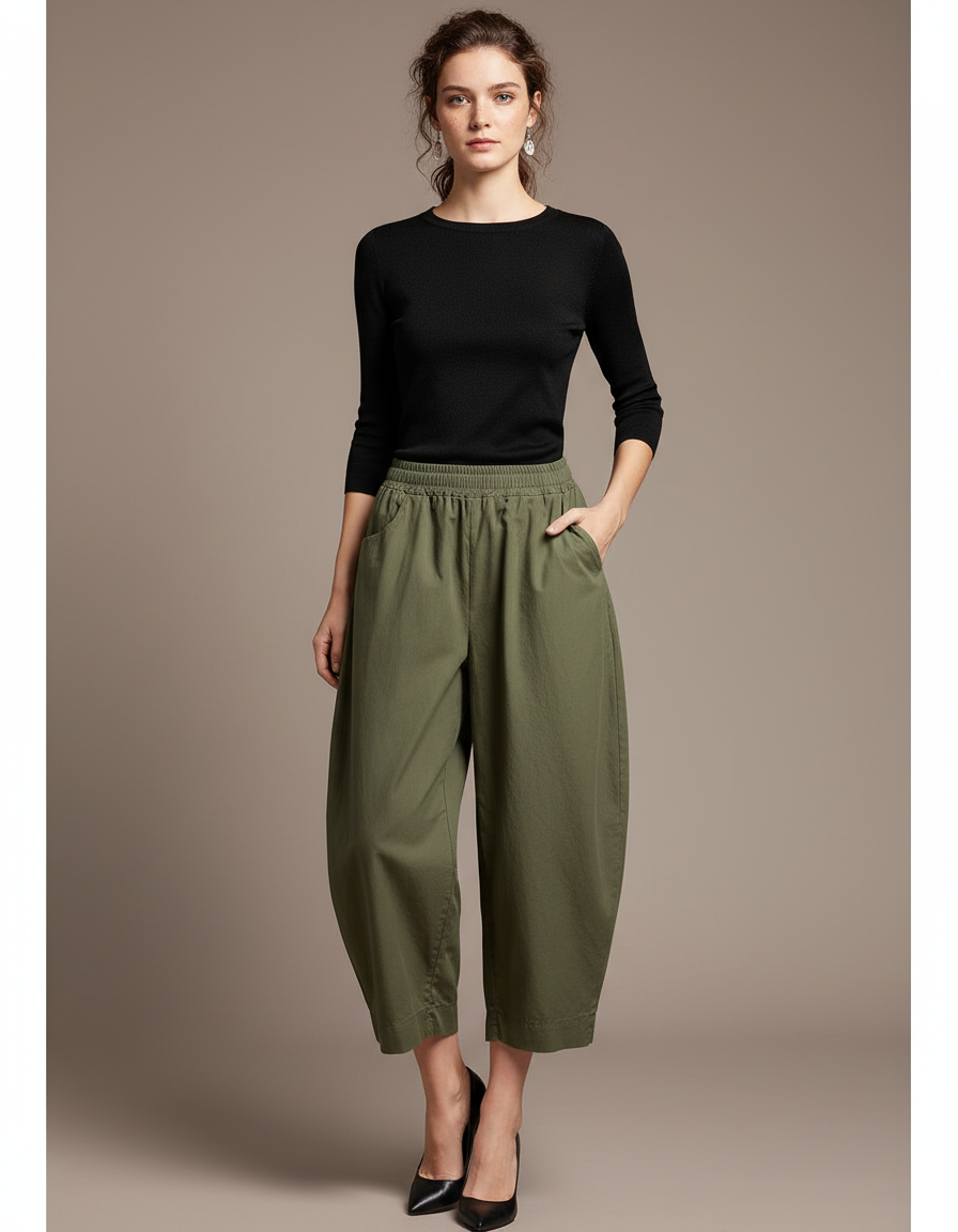 Pantalon Chino Vert Kaki Ample Coton Femme