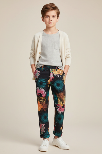 Pantalon Chino Noir Fleuri Multicolore Enfant Décontracté Coton