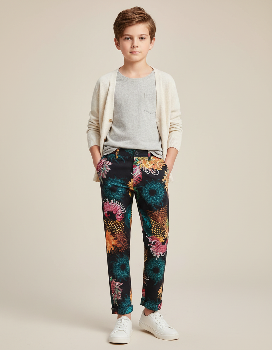 Pantalon Chino Noir Fleuri Multicolore Enfant Décontracté Coton