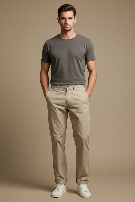 Pantalon Chino Kaki Coton Droit Tapered Casual Homme - Beige