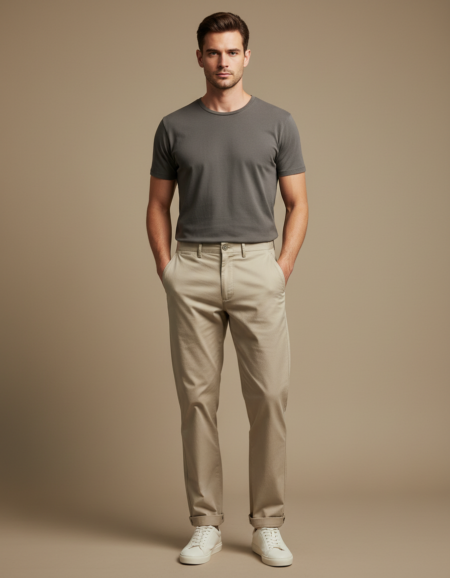 Pantalon Chino Kaki Coton Droit Tapered Casual Homme - Beige