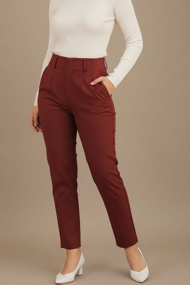 Pantalon Chino Bordeaux Taille Haute Élégant Femme - Gabardine