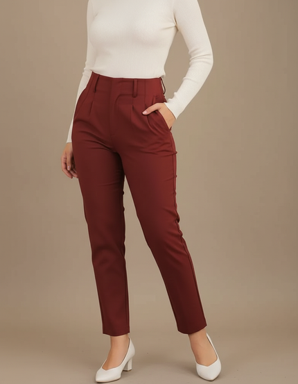 Pantalon Chino Bordeaux Taille Haute Élégant Femme - Gabardine