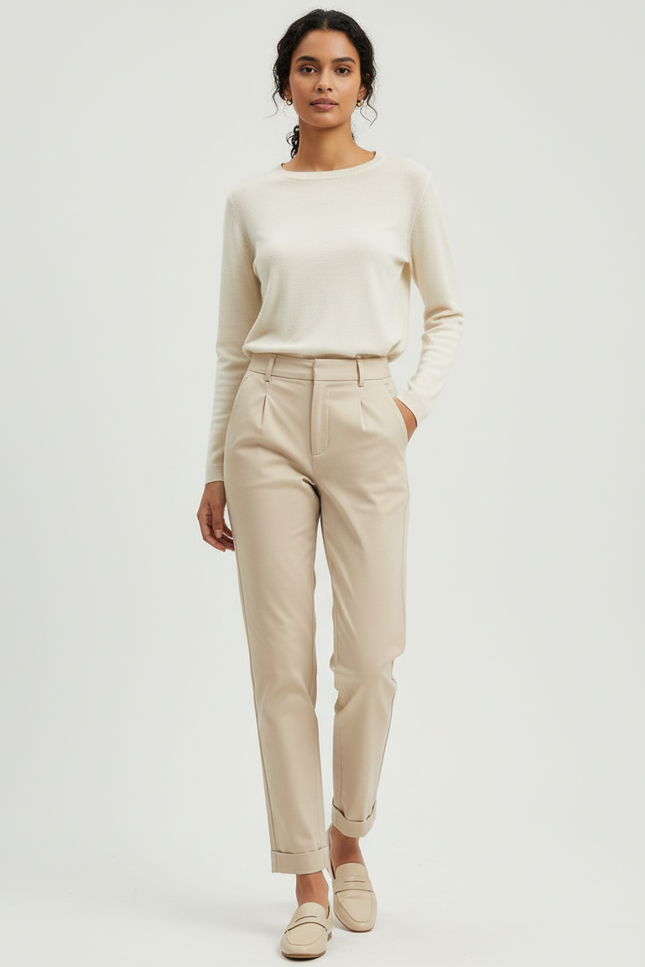 Pantalon Chino Beige Coton Décontracté Femme
