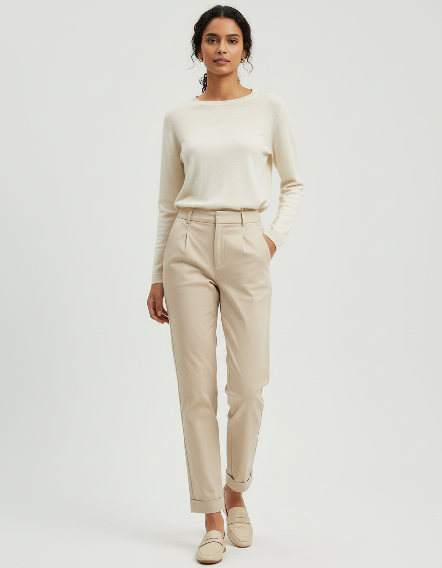 Pantalon Chino Beige Coton Décontracté Femme