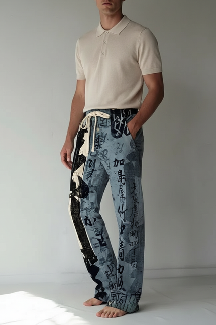 Pantalon Chino Bleu Imprimé Calligraphie Ample Décontracté Homme - Jean
