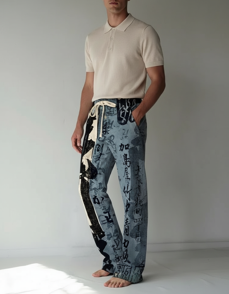 Pantalon Chino Bleu Imprimé Calligraphie Ample Décontracté Homme - Jean