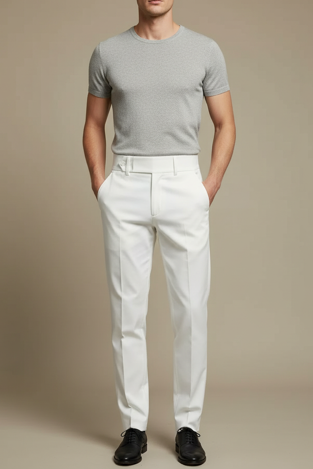 Pantalon Chino Blanc Taille Haute Droit Élégant Homme - Gabardine