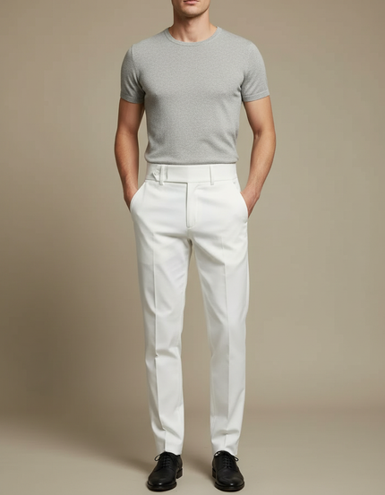 Pantalon Chino Blanc Taille Haute Droit Élégant Homme - Gabardine