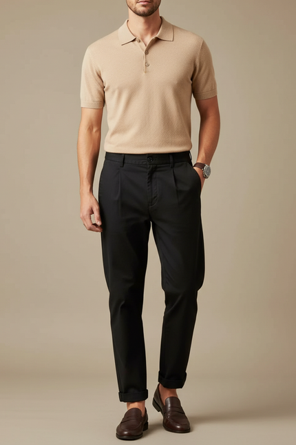 Pantalon Chino Noir Plissé Coton Élégant Homme