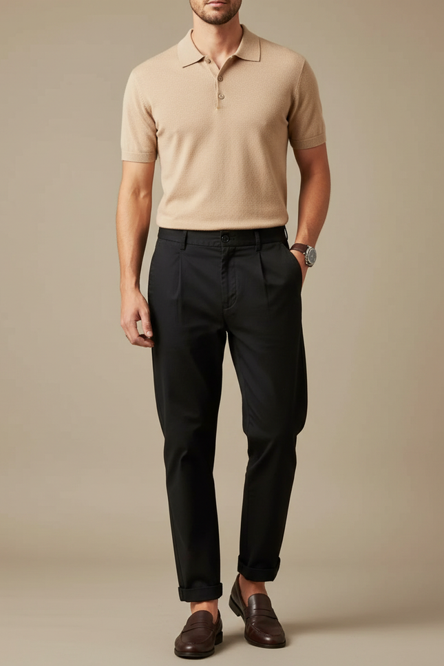 Pantalon Chino Noir Plissé Coton Élégant Homme