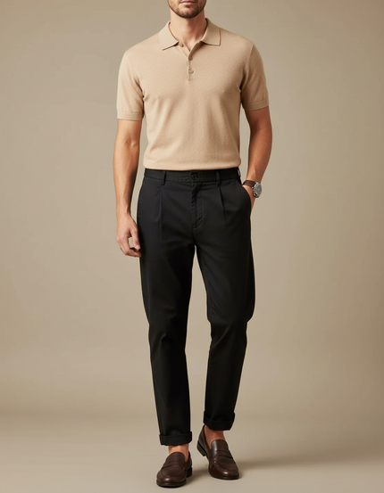 Pantalon Chino Noir Plissé Coton Élégant Homme