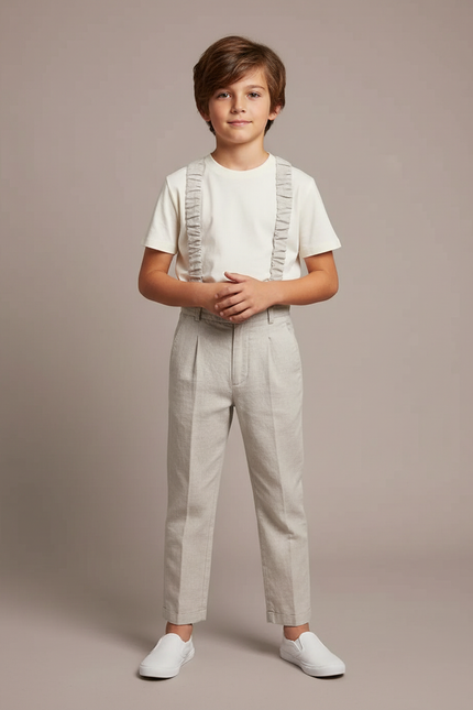 Pantalon Chino Gris Clair Lin Plissé Élégant Garçon
