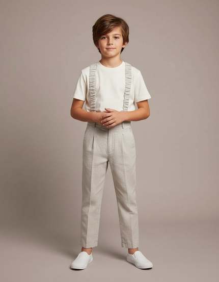 Pantalon Chino Gris Clair Lin Plissé Élégant Garçon