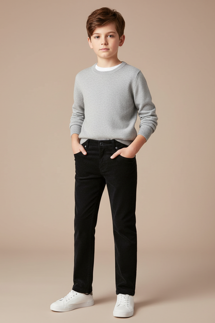 Pantalon Chino Noir Velours Côtelé Droit Enfant