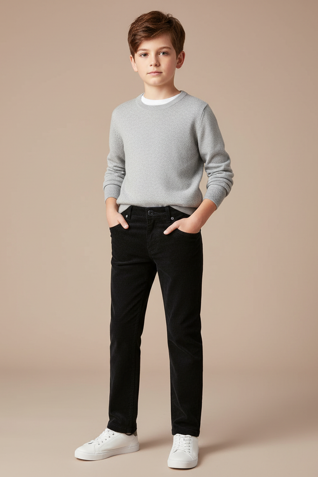 Pantalon Chino Noir Velours Côtelé Droit Enfant